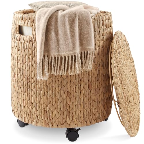 Casafield Round Rolling Storage Basket with Lid - Natural, Handwoven Water Hyacinth Rolling Hamper Storage Bin on Wheels for Living Room, Bedroom, Bathroom, Laundry