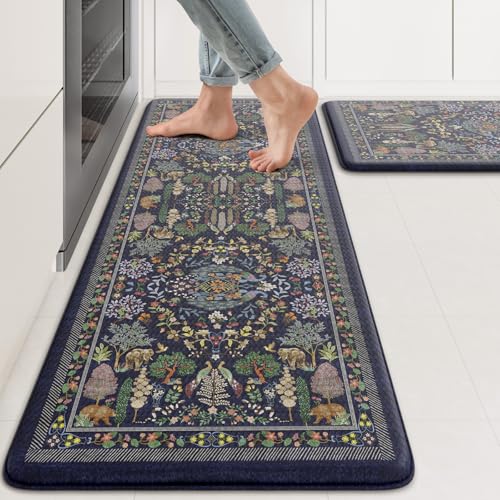 KIMODE Anti Fatigue Kitchen Mats for Floor 17"x47"+17"x29", Dark Blue Vibrant Floral Kitchen Rugs, Non Slip Waterproof Kitchen Floor Mats, Comfort Standing Mats for Laundry Office Sink Desk - color: Forest/Blue, size: 17.3" x 47"+17.3" x 29"--0.47 inches