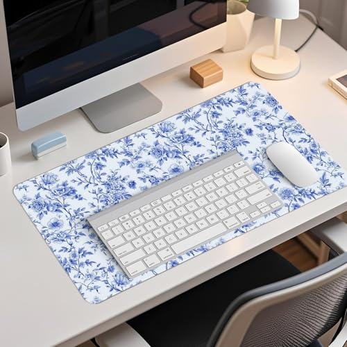 Light Blue Chinoiserie Mouse Pad,Vintage Blue And White Floral Desk Mat,XL Large Vintage Floral Preppy Mouse Pad,Girly Gaming Mousepad,Girly Laptop Desk Mat For Dorm Home Office,23.6x11.8 Inch - color: L Blue Floral