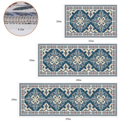 3-Piece Kitchen Rugs, Non-Slip & Washable Floor Mats, Water-Absorbent Area Pad, Standing Desk Mat for Office, Home, Doorway, Laundry, Kitchen Accessories (Retro Blue) - color: Retro Blue, size: 20"x32"+20"x48"+20"x59"
