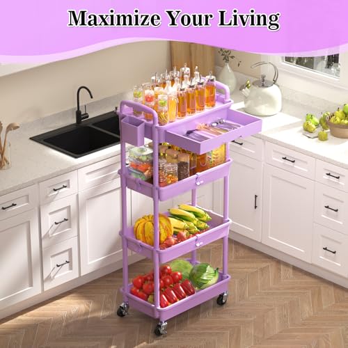 SUNALLY 4 Tier Rolling Cart Organizer with Drawer, Bathroom Storage Carts with Wheels & Plastic Shelf, Mobile Storage Organizers for Kitchen, Office, Laundry Room, Baby, Snack, Craft, Makeup, Purple - color: Purple, size: 4 Tier