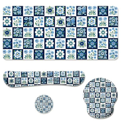 Blue Floral Tile Desk Mat Set Classic Check Botanical Mouse Pad with Wrist Rest 4in1 Desk Mat for Desktop Ergonomic Computer Desk Arm Wrist Anti-Slip Computer Ergonomic Mouse Pad Home Office Gaming - color: Blue Floral Tile