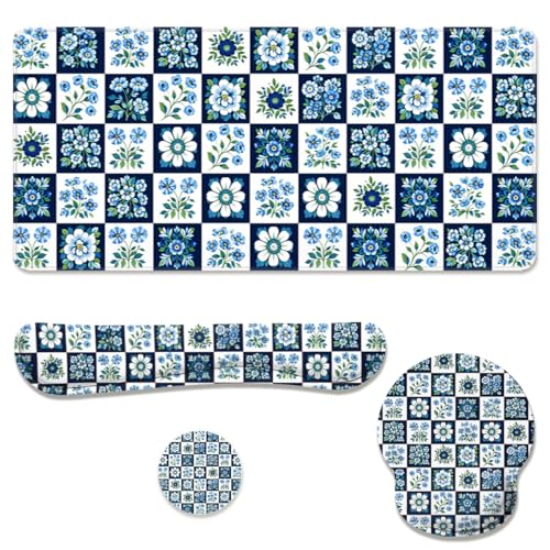 Blue Floral Tile Desk Mat Set Classic Check Botanical Mouse Pad with Wrist Rest 4in1 Desk Mat for Desktop Ergonomic Computer Desk Arm Wrist Anti-Slip Computer Ergonomic Mouse Pad Home Office Gaming - color: Blue Floral Tile