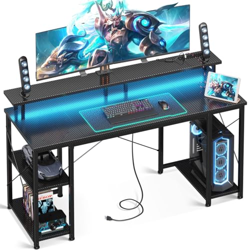 ODK 55 inch Computer Desk with Power Outlets & LED Lights, Gaming Desk with Monitor Stand & Storage Sheves, Home Office Desk, Carbon Fiber Black - color: Carbon Fiber Black, size: 55 inches