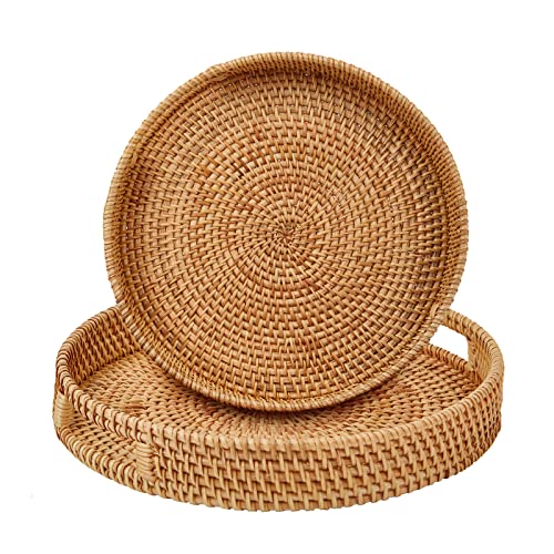 Round Rattan Serving Tray with Handles,2 Hand Woven Basket, Home Decor Organizer Tray for Breakfast, Tea, Snack, Fruit, Coffee, Storage (Large + Medium)(14.17inchX2.3inch+11.9inchX1.7inch - color: Large + Medium