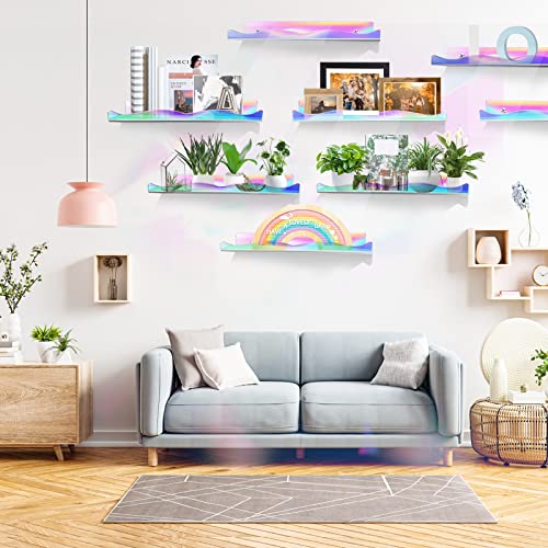 DILIBRA 6 Packs Iridescent Clear Acrylic Floating Shelves, 15.7 Inch Large Set up for Funko Pop Display Case Picture Ledge Shelf, Acrylic Floating Wall Bookshelf Organizer for Kids Room Bathroom
