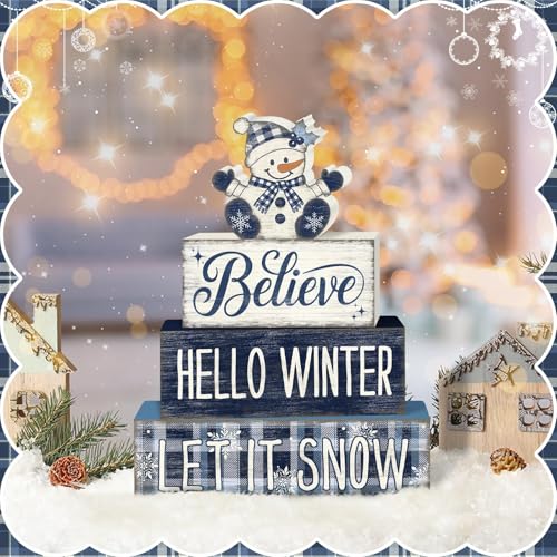 Britimes 4 Pcs Christmas Snowman Table Decor Winter Tiered Tray Decorations Set Believe Hello Winter Let It Snow Stack Block Signs Gift Rustic Farmhouse Tabletop Decor for Table & Home Office - style: Christmas Snowman