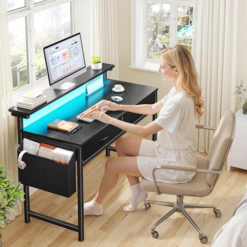 DurayLoly Gaming Desk with LED Lights & 2 Fabric Drawers, 39.4Inch Home Office Computer Desk with Side Pocket & Ergonomic Monitor Stand, Small Space Study Writing Table with Anti-Tip Design,Black - color: Black, size: 39.4 Inch