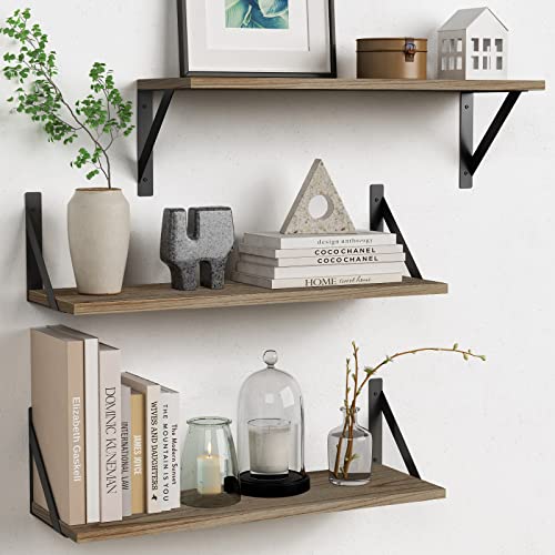 Forbena Wood Floating Shelves for Wall 24 inches Long, Large Bathroom Hanging Shelves Set of 3, Wall Mounted Storage Shelf for Bathroom Bedroom Living Room Kitchen Closet (Natural Wood) - color: Wood & Diy, size: 24 x 8 Inch