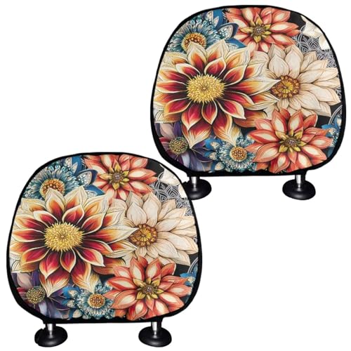 Blossom Floral Lotus 2 Pieces Car Head Rest Covers Boho Lotus Seat Cover Accessories Soft Fabric Cars Headrest Protector Auto Interior Accessories Universal Fits - color: Blossom Floral