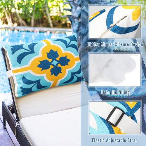 Juexica 2 Pack Chaise Lounge Pillow with Strap Outdoor Waterproof Beach Chair Neck Headrest Pillow Adjustable Elastic Band for Hammock Lumbar Recliner Pillows for Patio Pool Chair(Boho Blue Flower) - style: Boho Blue Flower