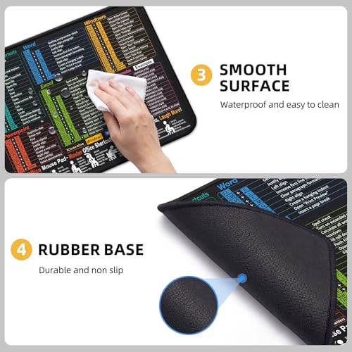 Excel Cheat Sheet Desk Pad Mouse Pad with Shortcuts, Excel Small Mouse Pad, 11.6x9.8 Inch Non-Slip Waterproof Office Mat for Excel/Word/PowerPoint/Windows, Portable Durable Clear Printing, Black