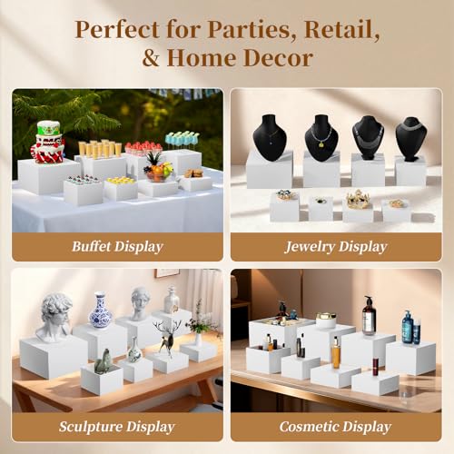 3 PCS 10" 9" 8" White Buffet Risers with Mini Sign and Makers, Large Food Risers for Buffet Table, Display Shelf Stands for Party, Catering, Dessert, Jewelry Collectibles, Nesting Cube Boxes with Hollow Bottoms Set
