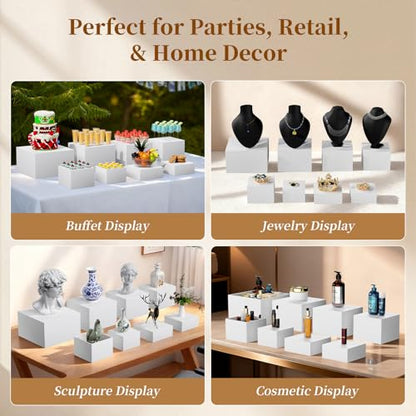 3 PCS 10" 9" 8" White Buffet Risers with Mini Sign and Makers, Large Food Risers for Buffet Table, Display Shelf Stands for Party, Catering, Dessert, Jewelry Collectibles, Nesting Cube Boxes with Hollow Bottoms Set