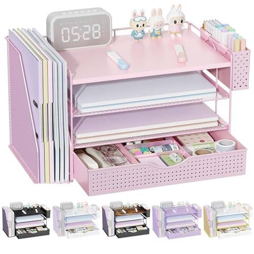 gianotter Wood Desk Organizers and Accessories with File Holder, 4-Tier Desk Accessories & Workspace Organizers with Drawer and Pen Holder, Desk Reference Organizer (Pink, 4T with Drawer) - color: Pink, size: 4T with Drawer