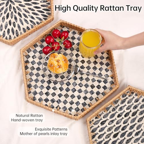 Hexagon Rattan Tray with Mother of Pearl Inlay, Rattan Serving Tray for Coffee, Bread, Fruits, Snacks, Decorative Wicker Tray for Table Decor, Home Decor (Black Checker, 14.5"×12.8") - color: Black Checker