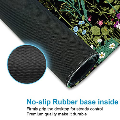 Extended Desk Mat (31.5x11.8 inch 3mm Thick), iDonzon Soft Cute Extra Large XXL Waterproof Gaming Mouse Pad with Non-Slip Rubber Base & Stitched Edges, for Working/Game, Garden Flowers - color: Black