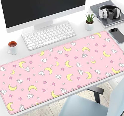 IMAYONDIA Pink Kawaii Desk Pad, Cute Moon Bunny Desk Mat Computer Pad Desktop,Laptop Protector Aesthetic Anime Mousepad Writing Pad for Office Home School,Large Gaming Mouse Pad Tarot Mat,31.5 X 11.8 - color: Pastel Moon Bunny