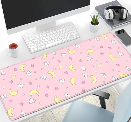 IMAYONDIA Pink Kawaii Desk Pad, Cute Moon Bunny Desk Mat Computer Pad Desktop,Laptop Protector Aesthetic Anime Mousepad Writing Pad for Office Home School,Large Gaming Mouse Pad Tarot Mat,31.5 X 11.8 - color: Pastel Moon Bunny
