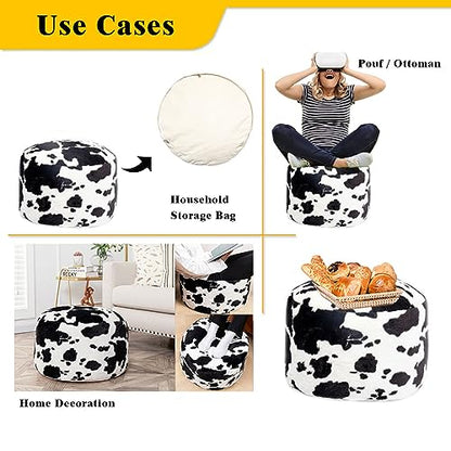 Asuprui Pouf Ottoman Unstuffed, Faux Rabbit Fur Cover, No Filler, 18" Round, Black and White - color: Black Cow Printed