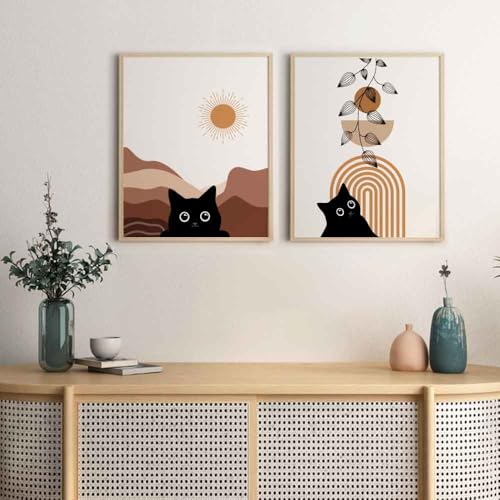 4Pcs Boho Aesthetic Minimalist Black Cat Wall Poster Decor Gifts for Lovely Cat, Farmhouse Geometric Hanging Wooden Wall Art, Mid Century Bohemian Abstract Moon and Sun Wood Sign, 8" X 10"Unframed