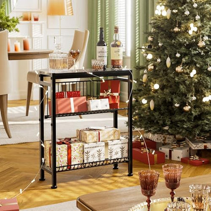 Narrow Side Table for Small Space, 3-Tier End Table with Magazine Holder, Slim Nightstand with Wire Shelf, Skinny Bedside Table in Living Room, Bedroom, Study, Kitchen and Balcony (Black) - color: Upgrade-black