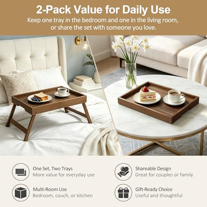 Breakfast Tray with Folding Legs Set of 2, Bamboo Bed Tray Table 15.7" Foldable TV Dinner Tray with Ergonomic Wave Handles for Bed Couch Sofa, Breakfast, Snacks, Coffee, Walnut - color: Walnut, size: Medium