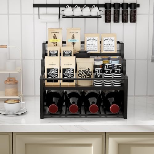 4-Tier Wood Display Shelf Wine Rack for 16 Bottles Wood Coffee Syrup Organizer with Handles Home Whiskey Shelf Retro Mini Liquor Cabinet Spice Rack Coffee Bar Shelves, Black - color: Black