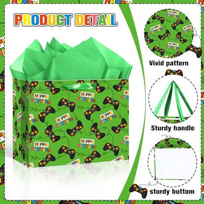 Large Video Game Birthday Gift Bag with Wrapping Tissue Paper and Greeting Card Green Gaming Controller Present Wrapping Bag for Boys Kids Teens Gamers Happy Birthday Party Supplies Gifts Son Grandson