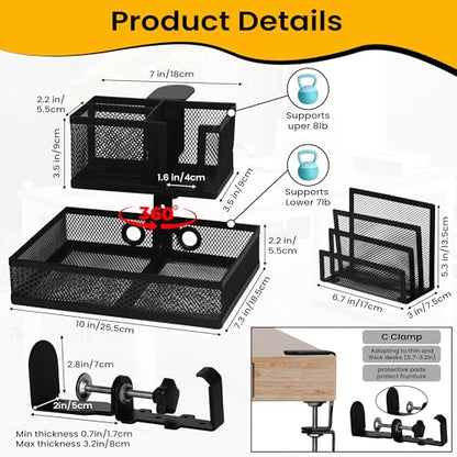 6-in-1 Clamp On Desk Organizer with Cup Holder & 360° Rotating Under Desk Drawer, Swappable Parts, Easy to Install Standing Desk Drawer Attachment, Space-Saving for Home & Office