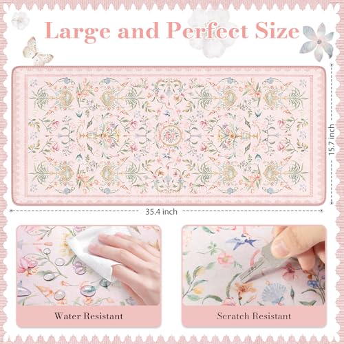 HAOCOO French Floral Desk Mat, Pink Desk Cover Mat, 35.4" x 15.7" Cute Long Mouse Pad, Aesthetic Flower Desktop Mat Accessories, Waterproof Teacher Desk Mat for Work, Study - color: Blush Pink, size: 35.4" x 15.7"