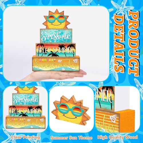 Britimes 4 Pcs Summer Wooden Tiered Tray Decor Set, Summer Sunshine Table Decor Ocean Beach Farmhouse Rustic Wooden Coffee Table Centerpieces for Home kitchen Office Decorations (Sunshine Style) - style: Sunshine