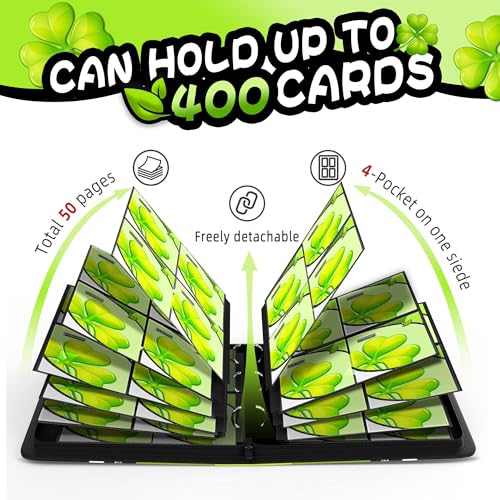 Trading Card Binder 4 Pocket,400 Pocket Card Collection Binder with 50 Removable Sleeves,PU Waterproof Top Card Book,3-Ring Zipper Collectible Trading Card Album for MTG/TCG/Card Holder Gift（(Leaf） - color: Leaf, size: Small