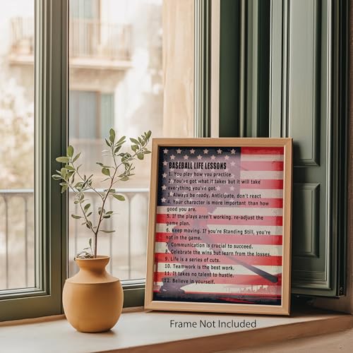 ZUKIY Baseball Life Lessons Wall Art - Motivational Poster for Boys Bedroom or Office - Inspirational Baseball Quote Print 8x10 Unframed - Sports Decor for Home Gym Classroom or Game Room