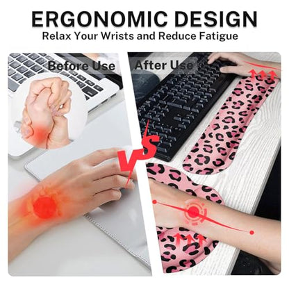 Arttown Leopard Desk Mat Pink and Black Leopard Mouse Pad Set 4 in 1 Ergonomic Design Large Mouse Pad + Keyboard Wrist Rest + Mouse Wrist Rest + Coaster Suitable for Home Office Study Game - color: Pink Black Leopard