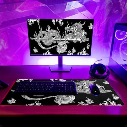 Dragon Gaming Mouse Pad Black Large Mouse Pad for Keyboard and Mousepad Desk Mat with 3mm Non-Slip Base and Stitched Edge for Gaming and Office Computer Mat Protector Mat 27.6x11.8 Inch - color: Dragon