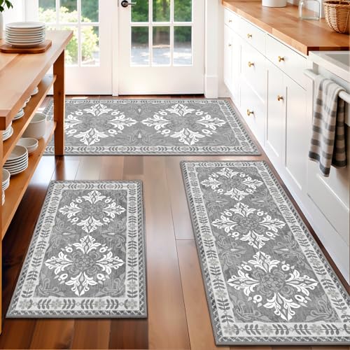 Kitchen Rugs Set of 3, Non-Slip & Washable Floor Mats, Water-Absorbent Area Pad, Standing Desk Mat for Office, Home, Doorway, Laundry, Kitchen Accessories (Light Grey) - color: Light Grey, size: 20"x32"+20"x48"+30"x50"