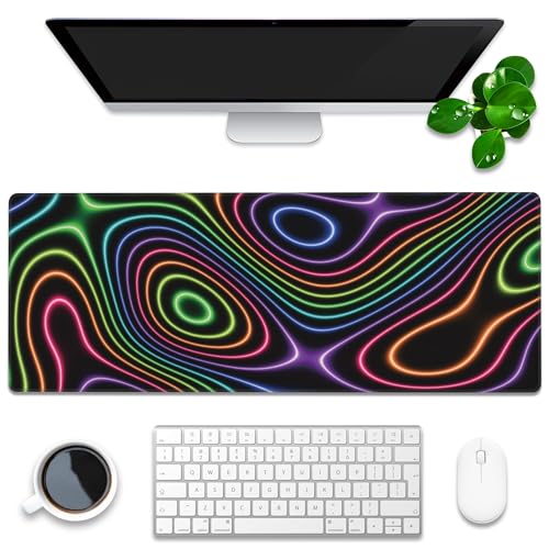 Desk Mat, Colorful Neon Topographic Contour Map Extended Gaming Mouse Pad Large, 31.5"x11.8" Big Mouse Pad with Non-Slip Base and Stitched Edge, Long Computer Keyboard Mouse Mat for Home Office Work - color: Neon Light Contour Map, size: 31.5"x11.8"