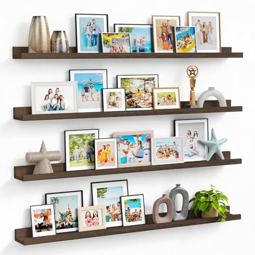 Forbena Wood Picture Ledge Shelf for Wall 4-Pack, 48 Inch Long Rustic Floating Shelves with Lip for Classroom Library, Farmhouse Wooden Wall Ledge for Photo Frames Books (Dark Brown) - color: Rustic Brown