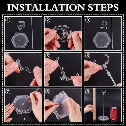 FINGERINSPIRE 12pcs Plastic Action Figure Stands with Hexagon Base Clear Flexible Action Figure Display Holder with Adjustable Snake Bone Metal Support Arm Compatible with HG/RG 1/144 Figures