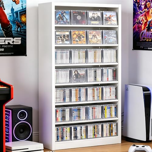 Metal 7-Tier CD Storage Rack, DVD Storage Shelves with Adjustable Shelves, DVD Organizer Shelf, Media Cabinet for CD Holder, Movies, Blu rays, Games for Living Room & Home Office (White) - color: White-7 Tier