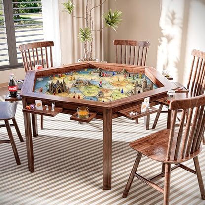 LAUSAINT HOME Board Game Table with Removable Table Top, 59” Play Area, Hexagon Gaming and Dining Table with Play Mat, Detachable Cup Holders and Trays for 6 Players, for Card, DND and Poker, Walnut - size: Hex Table
