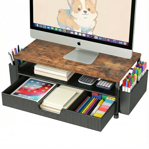 ECOLOVI Desk Organizer and Accessories, 2-Tier Computer Monitor Stand Rise with Storage Drawer & 2 Pen Holders, Laptop & Printer Stand for Desktop, Workspace Organizers for Office Supplies (Brown) - color: Walnut Brown