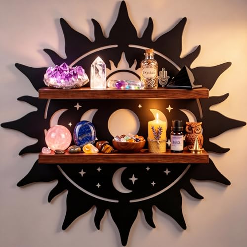 Moxweyeni Crystal Display Shelf for Wall, 11.8 Inch Sun Shape Floating Wooden Shelf with Iron Backing, Boho Wall Hanging Decor Organizer for Crystals, Stones, Gems, Home - style: Sun