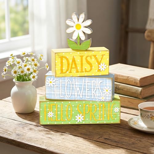 4Pcs Daisy Flower Hello Spring Wooden Stack Signs Rustic Farmhouse Tiered Tray Decor Yellow Blue Floral Wooden Table Decor for Spring Home Kitchen Office Gift - style: Hello Spring Daisies