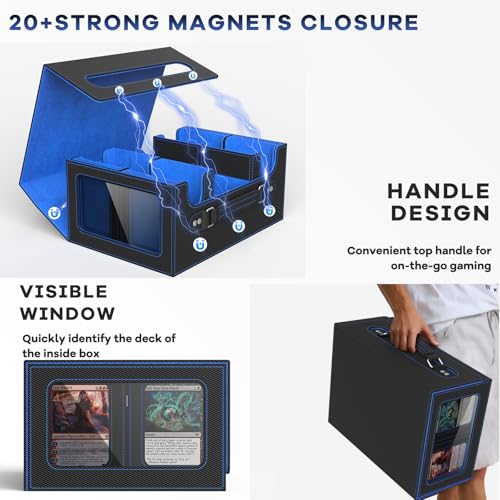 Commander Deck Box for MTG Fits 400+ Double-Sleeved Card Storage, 4 IN 1 Removable Card Case with Multi-purpose Deck Case, Display Window for TCG/PTCG/EDH, 4 Magnetic One Touch Holders(Black Blue) - color: Black Blue