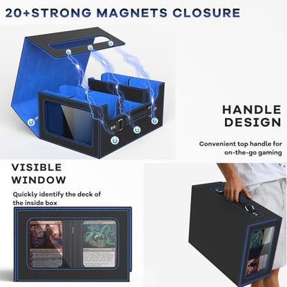 Commander Deck Box for MTG Fits 400+ Double-Sleeved Card Storage, 4 IN 1 Removable Card Case with Multi-purpose Deck Case, Display Window for TCG/PTCG/EDH, 4 Magnetic One Touch Holders(Black Blue) - color: Black Blue