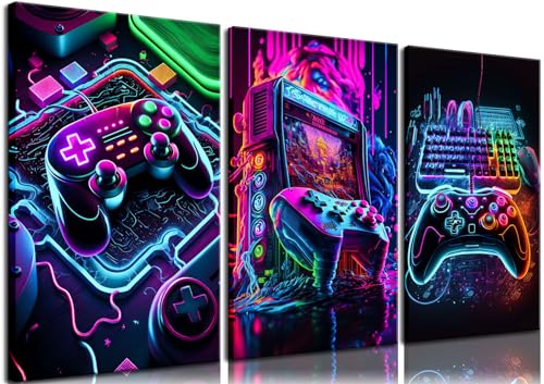 BGFCE Game Room Decor Posters Set of 3 - Neon Gaming Accessories Theme Canvas Wall Art, Gamer Console Paintings Picture Wall Decor for Children Youth Boys Bedroom 12x16 inch Framed - color: Purple Cool Game Canvas, size: 16L" x 12W"