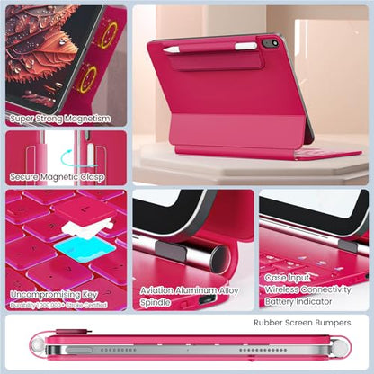 RAYMCRAFT for iPad 11th(A16, 2025)/10th Generation Case with Keyboard, Magic Keyboard 2022, Springy Backlit Keys, Stain-Resistant Surface, Multi-Touch Trackpad, Azalea Red - color: Azalea Red