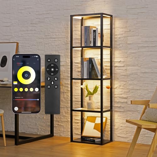 Glass Display Shelf with Remote/APP Control, Curio Cabinet for Collectibles with Light, Modern Shelf Floor Lamp with Adjustable Color Temps for Living Room, Bedroom